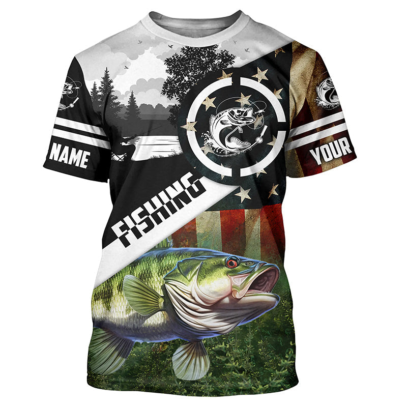 Largemouth Bass Fishing American flag patriot customize performance long sleeve fishing NQS1909