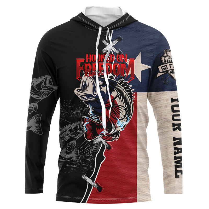 Texas Bass fishing patriotic Hooked on freedom Custom name performance long sleeves fishing NQS2053
