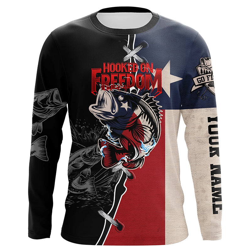 Texas Bass fishing patriotic Hooked on freedom Custom name performance long sleeves fishing NQS2053