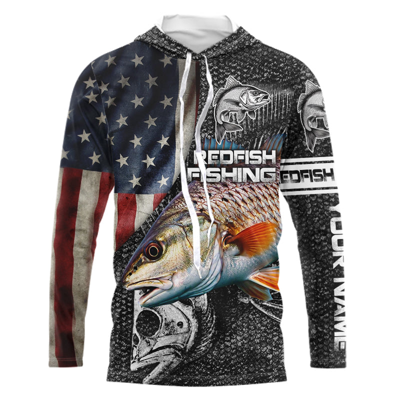 Redfish red drum fishing fish skeleton American flag Custom sun protection long sleeve fishing NQS4053