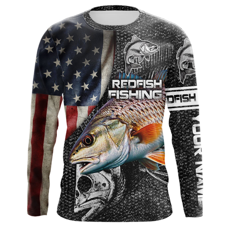 Redfish red drum fishing fish skeleton American flag Custom sun protection long sleeve fishing NQS4053