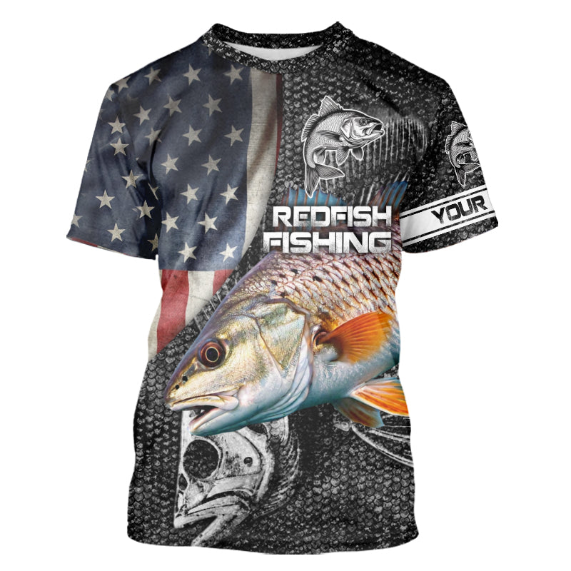 Redfish red drum fishing fish skeleton American flag Custom sun protection long sleeve fishing NQS4053