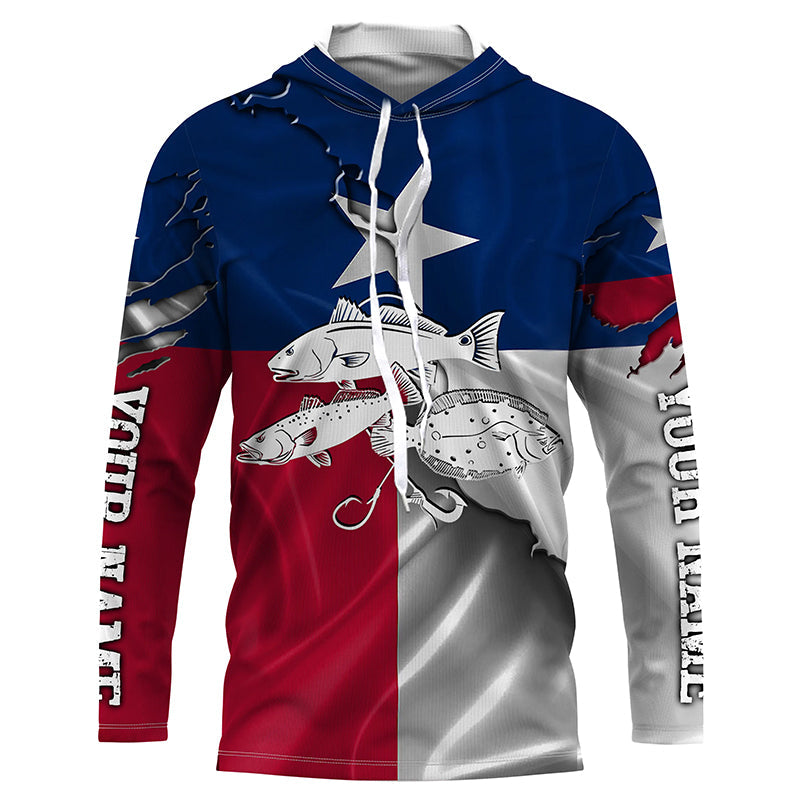 Texas flag Inshore Grand slam fishing Redfish, trout, flounder Custom name Long Sleeve Fishing NQS4064