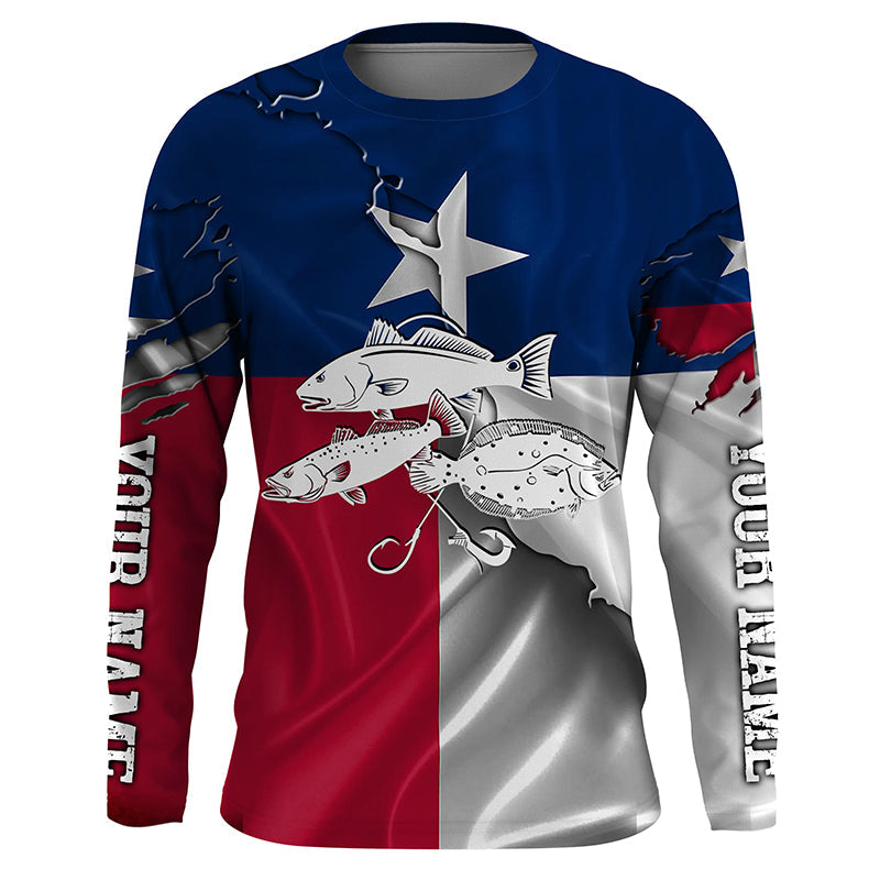 Texas flag Inshore Grand slam fishing Redfish, trout, flounder Custom name Long Sleeve Fishing NQS4064