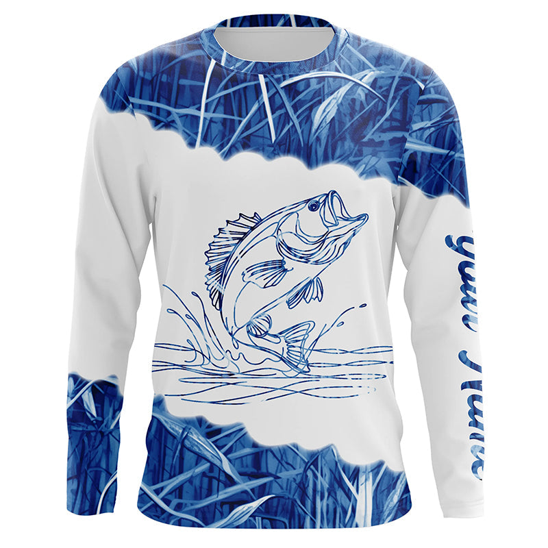 Blue camo Largemouth bass Customize name UV protection Performance Long Sleeve fishing NQS1101