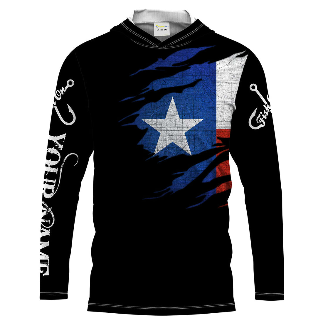 TX fishing fish on black Texas flag Customize name long sleeves fishing NQS1582