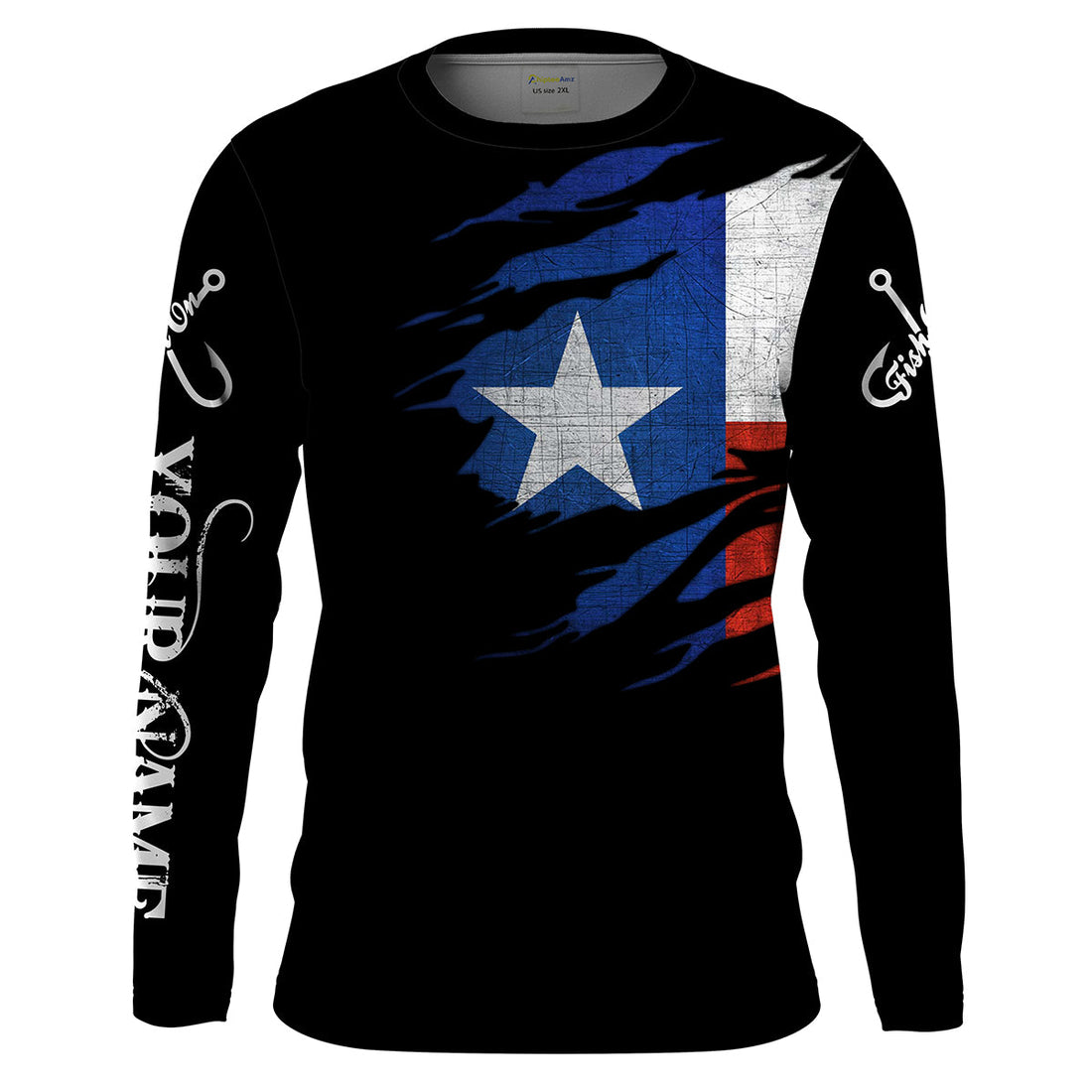 TX fishing fish on black Texas flag Customize name long sleeves fishing NQS1582