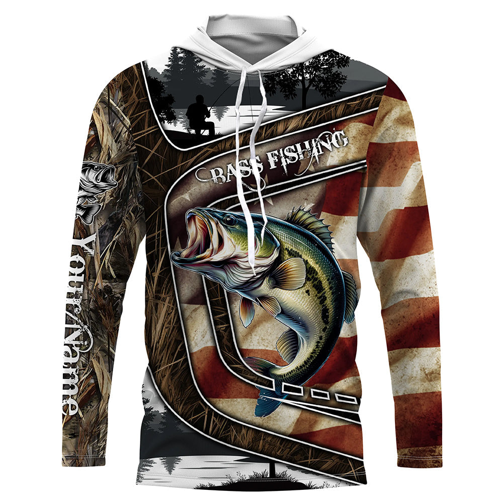 Largemouth Bass Fishing camo American flag patriotic Customize name Bass long sleeves fishing NQS4856