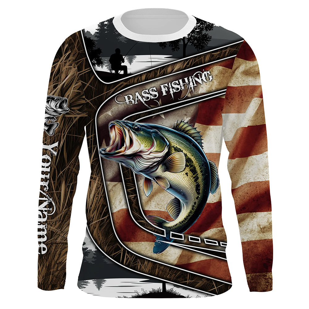 Largemouth Bass Fishing camo American flag patriotic Customize name Bass long sleeves fishing NQS4856
