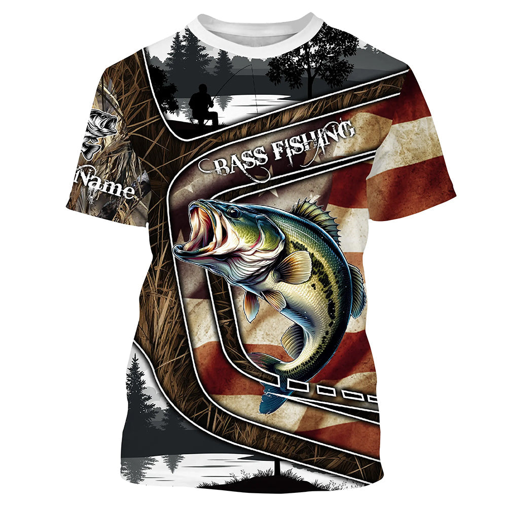 Largemouth Bass Fishing camo American flag patriotic Customize name Bass long sleeves fishing NQS4856