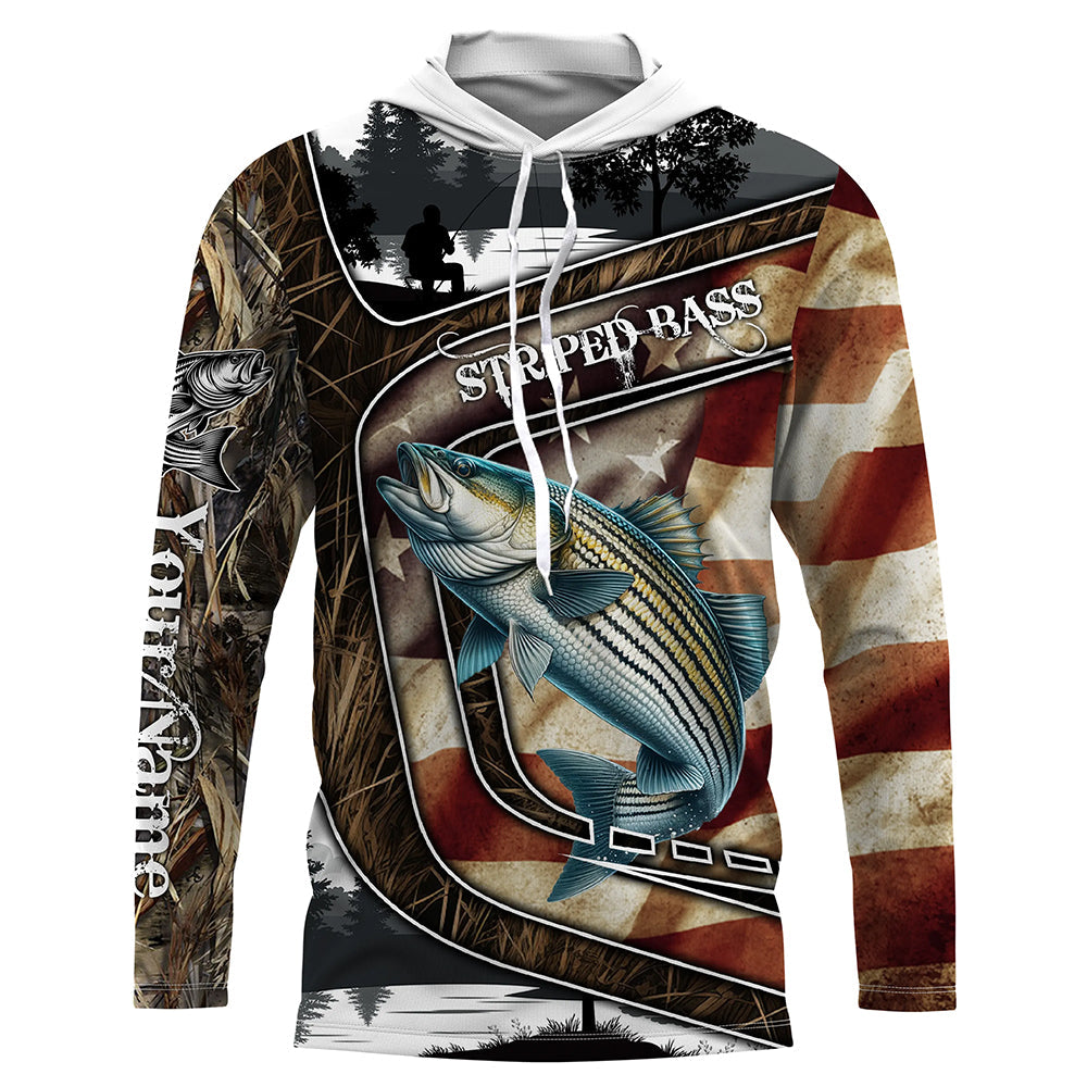 Striped Bass Fishing camo American flag patriotic Customize name striper long sleeve fishing NQS4857