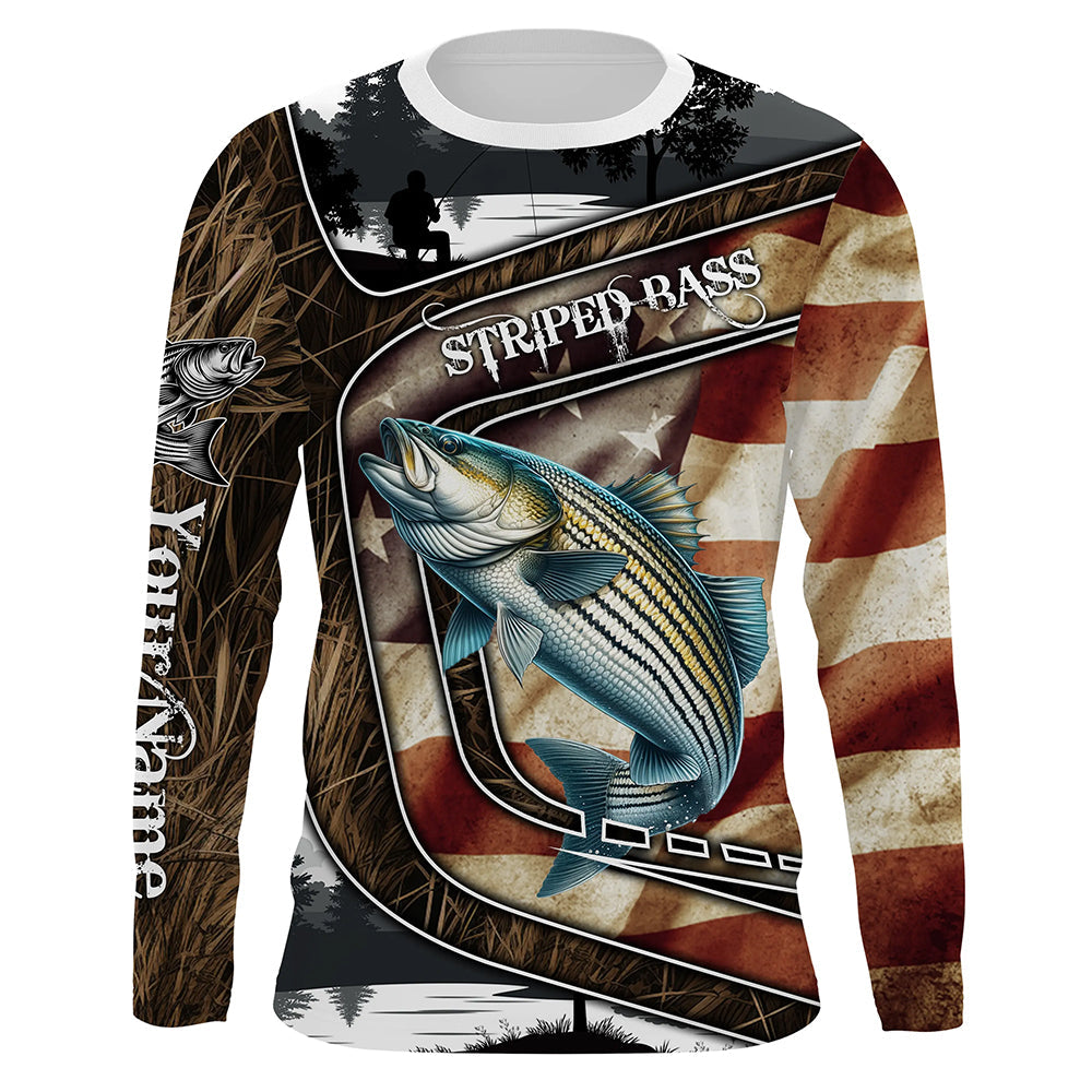 Striped Bass Fishing camo American flag patriotic Customize name striper long sleeve fishing NQS4857