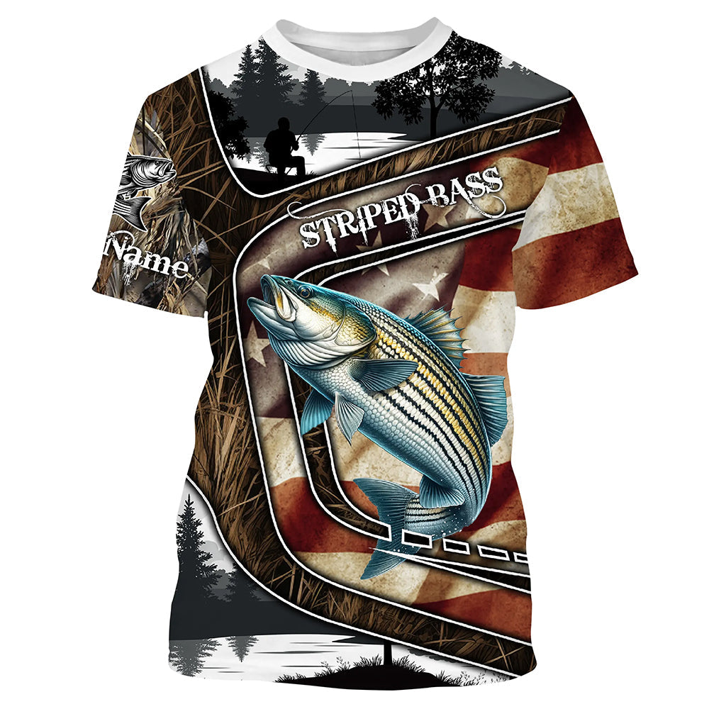 Striped Bass Fishing camo American flag patriotic Customize name striper long sleeve fishing NQS4857