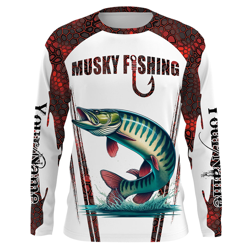 Musky fishing red camo Custom Name 3D Fishing UV Protection Gift For Fisherman NQS5167