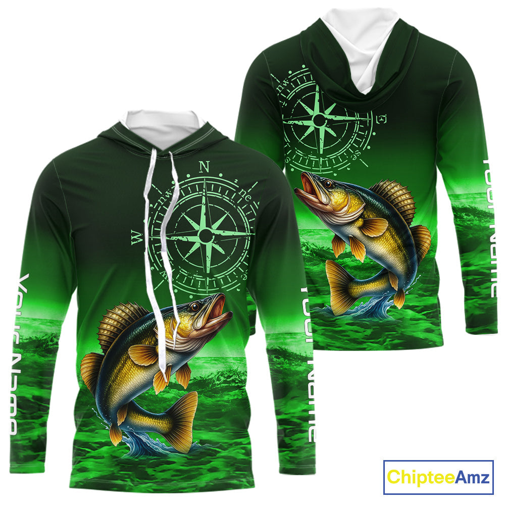 Personalized Walleye Green Performance Fishing, compass Walleye fishing tournament