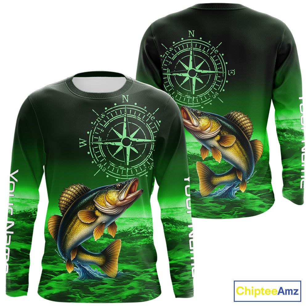 Personalized Walleye Green Performance Fishing, compass Walleye fishing tournament