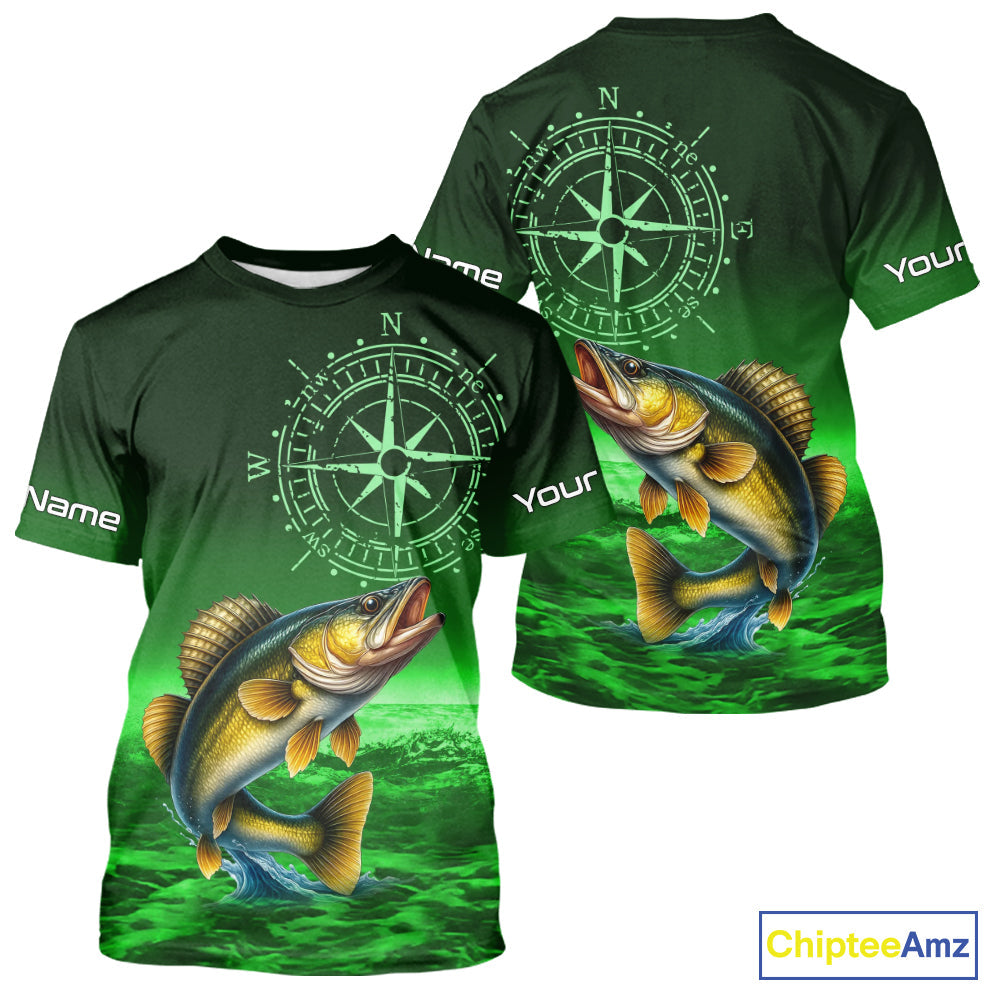 Personalized Walleye Green Performance Fishing, compass Walleye fishing tournament