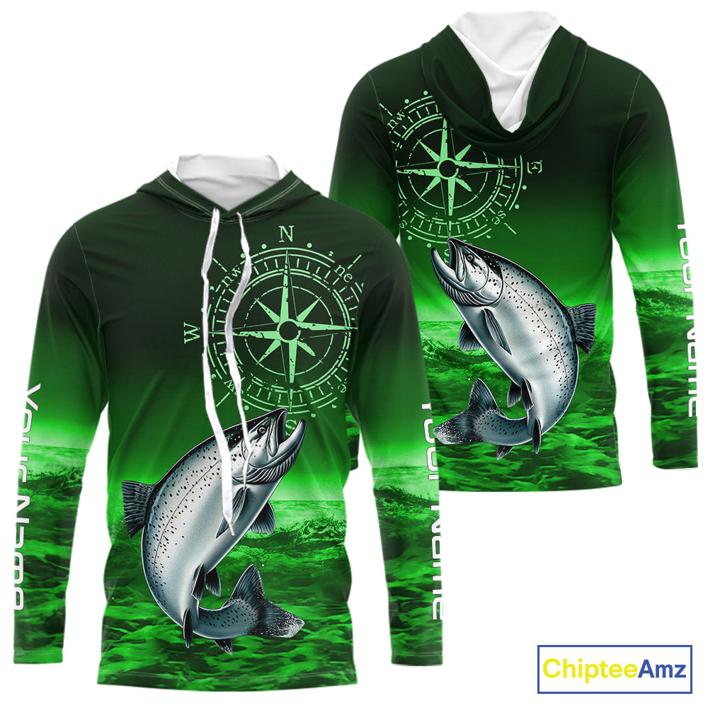 Personalized Salmon Green Performance Fishing, compass Salmon fishing tournament