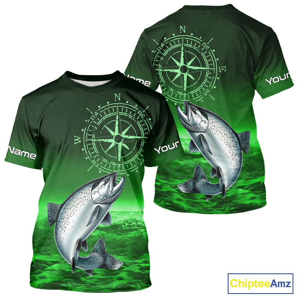 Personalized Salmon Green Performance Fishing, compass Salmon fishing tournament