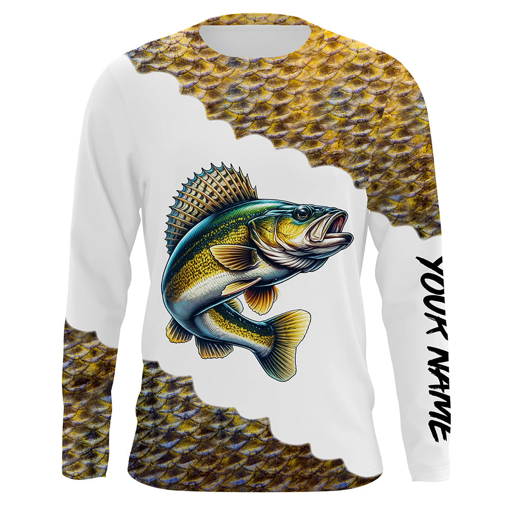 Walleye fishing scales Customize name Performance Long Sleeve fishing apparel NQS1110
