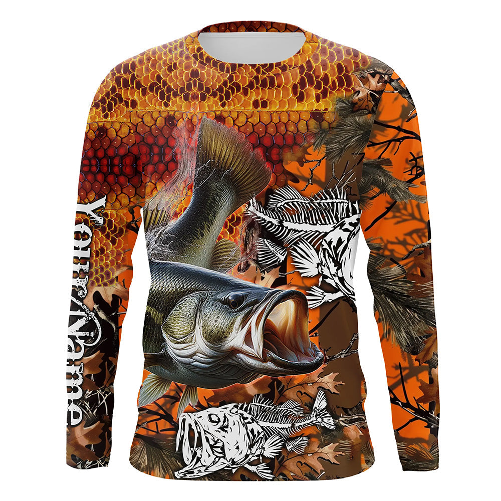 Largemouth Bass fishing orange camo performance long sleeve fishing, Bass fishing NQS4293