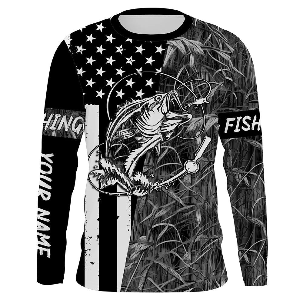 Bass Fishing American Flag patriotic gray Camo custom Performance Long Sleeve fishing for angler NQSD98