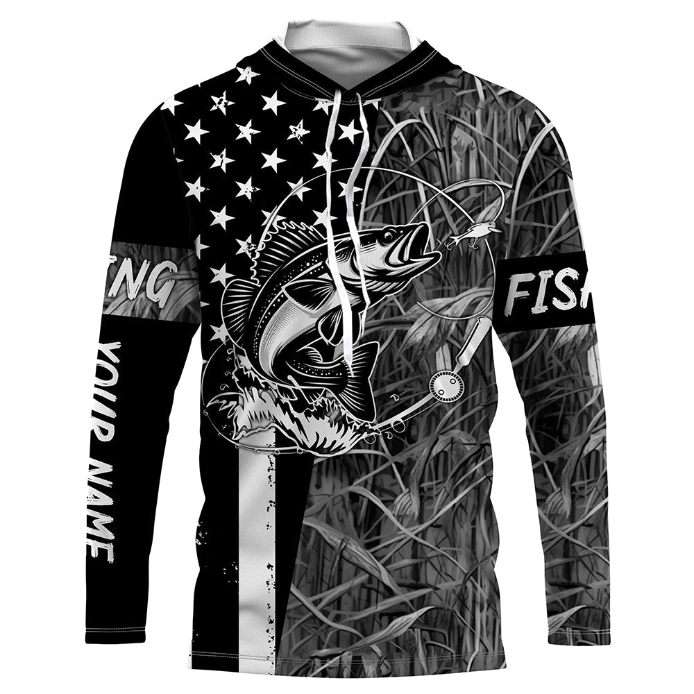 Walleye fishing custom name black American flag camo performance long sleeve fishing NQSD99