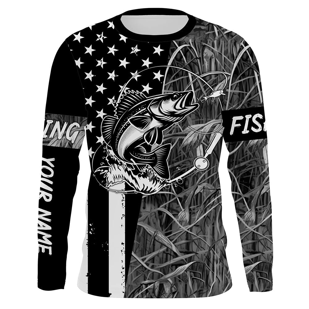 Walleye fishing custom name black American flag camo performance long sleeve fishing NQSD99