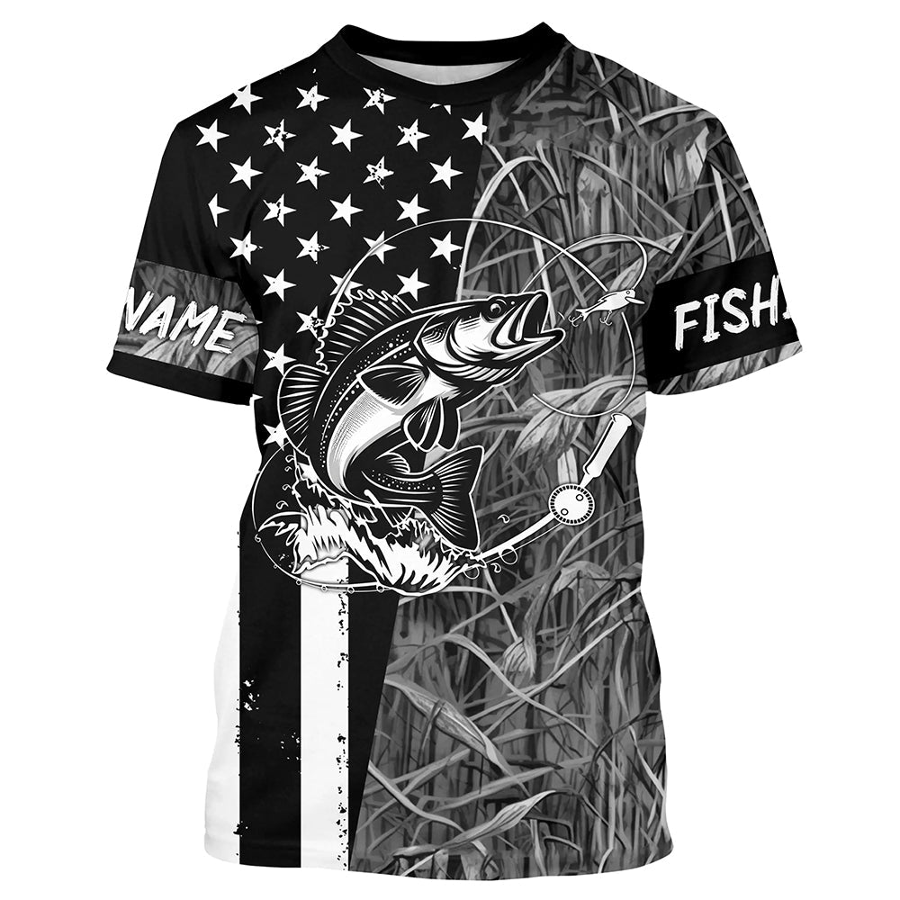 Walleye fishing custom name black American flag camo performance long sleeve fishing NQSD99