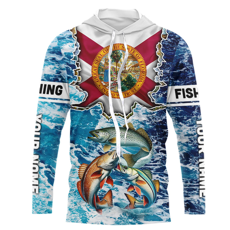 Florida Flag Redfish, trout, snook blue wave camo custom name performance long sleeve fishing NQS9488