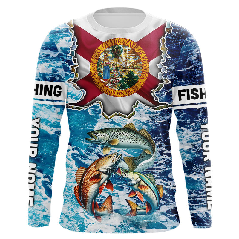 Florida Flag Redfish, trout, snook blue wave camo custom name performance long sleeve fishing NQS9488