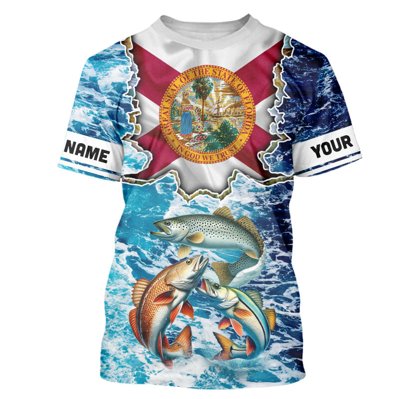 Florida Flag Redfish, trout, snook blue wave camo custom name performance long sleeve fishing NQS9488