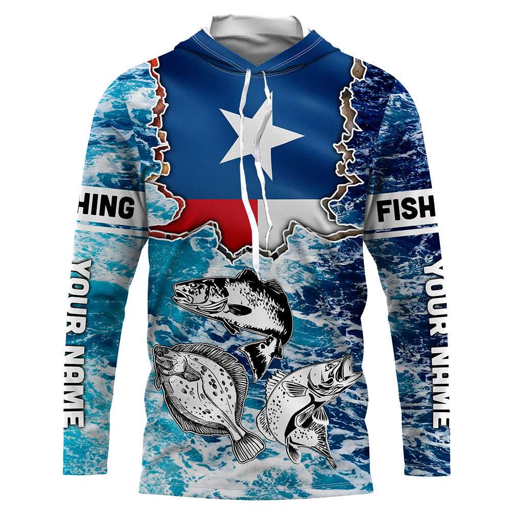 Texas Flag Redfish, trout, flounder blue wave camo custom name performance long sleeve fishing NQS5440