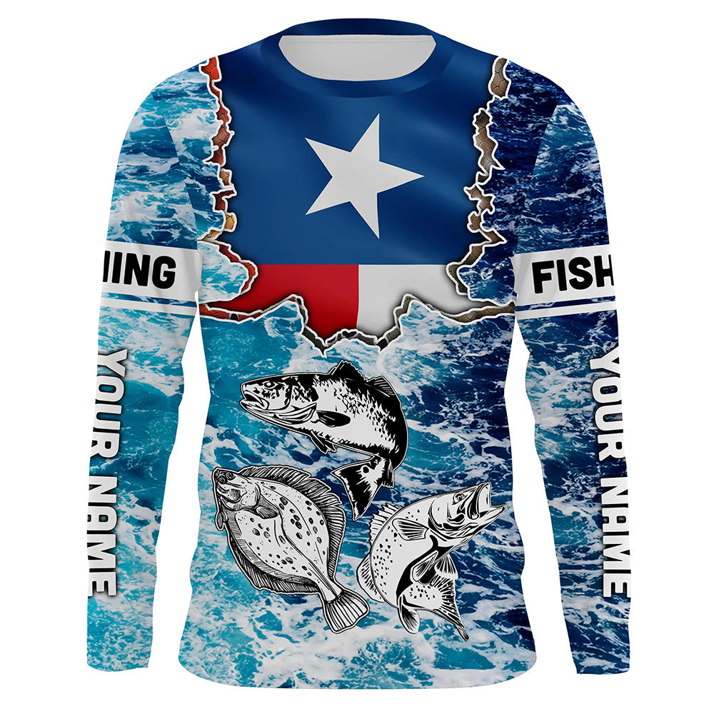 Texas Flag Redfish, trout, flounder blue wave camo custom name performance long sleeve fishing NQS5440