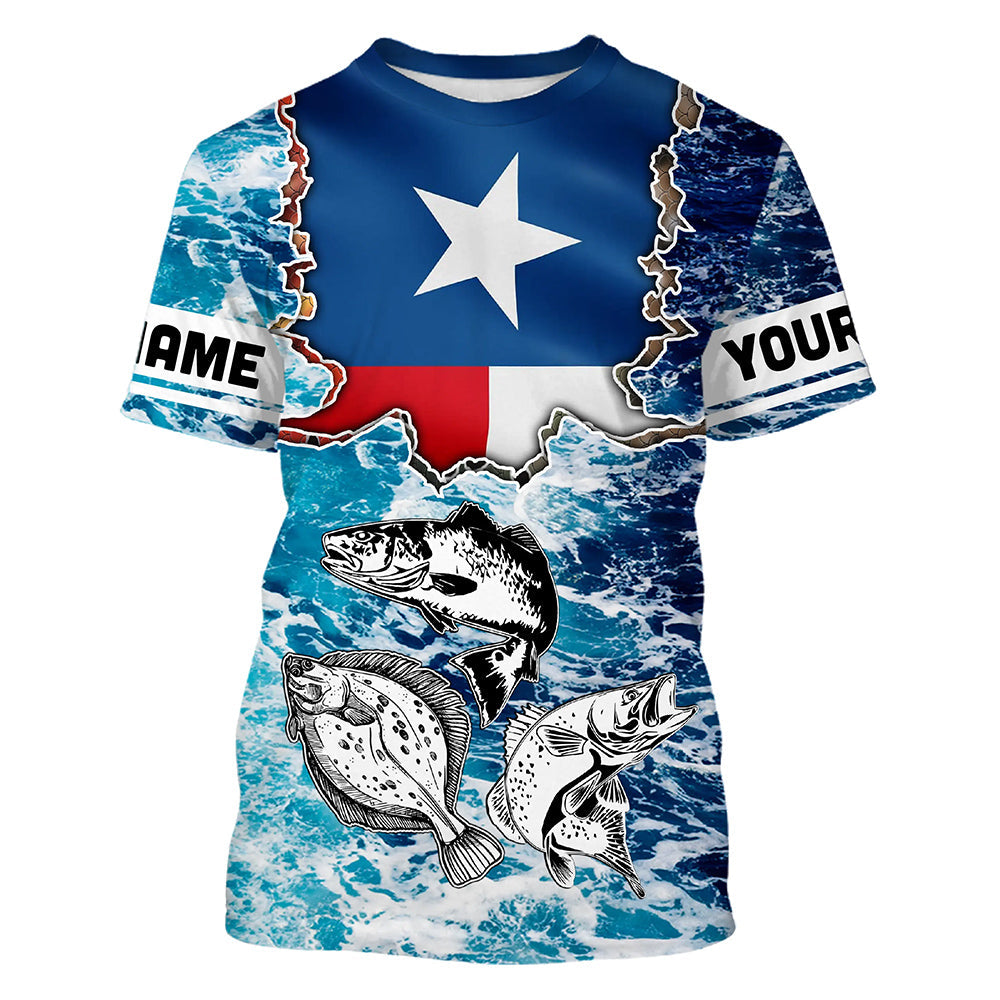 Texas Flag Redfish, trout, flounder blue wave camo custom name performance long sleeve fishing NQS5440