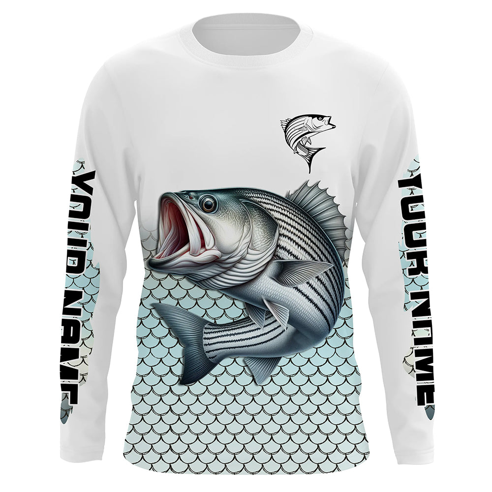 Striped Bass Fishing, Striper scales Custom name Long Sleeve performance Fishing NQS4513
