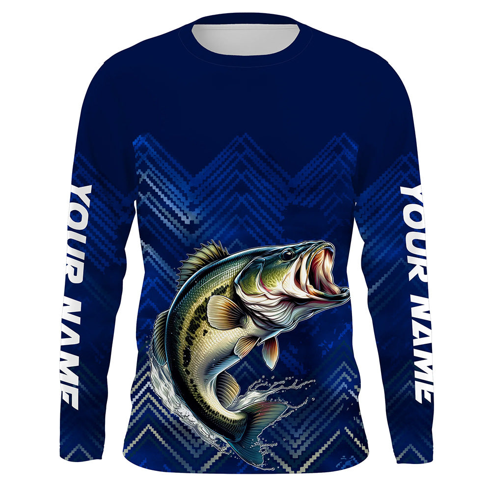 Largemouth Bass fishing blue camo Custom UV protection performance long sleeve fishing NQS7159