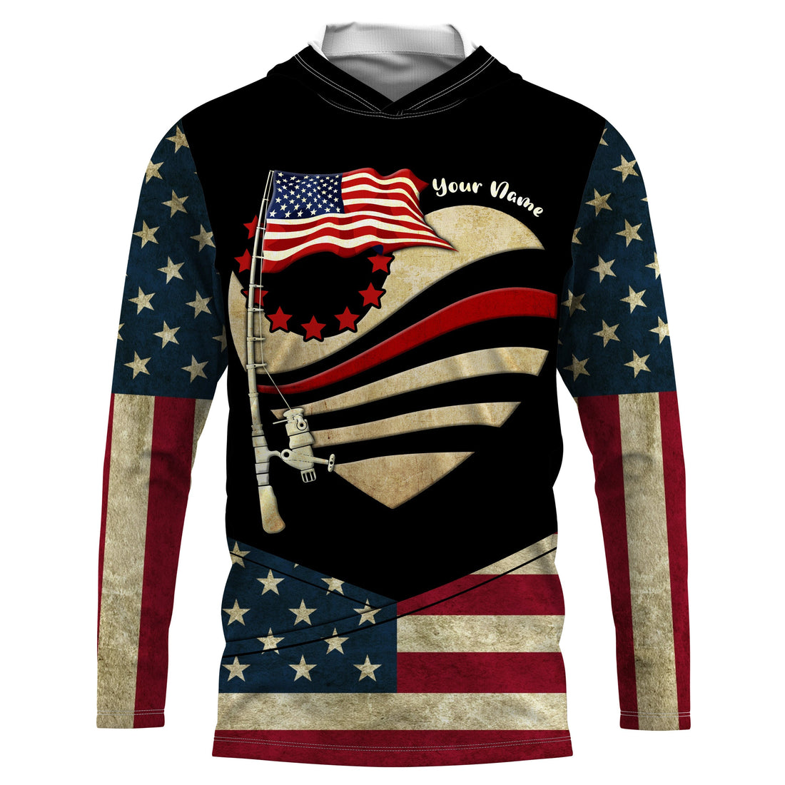 American Flag fishing rod Custom Name US flag long sleeves, hooded fishing, Personalized Gifts for Fisherman NQS2930