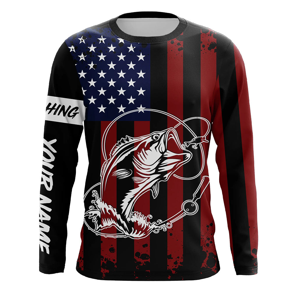 Black American flag Bass fishing tattoo customize performance long sleeves patriotic Fishing NQS6131