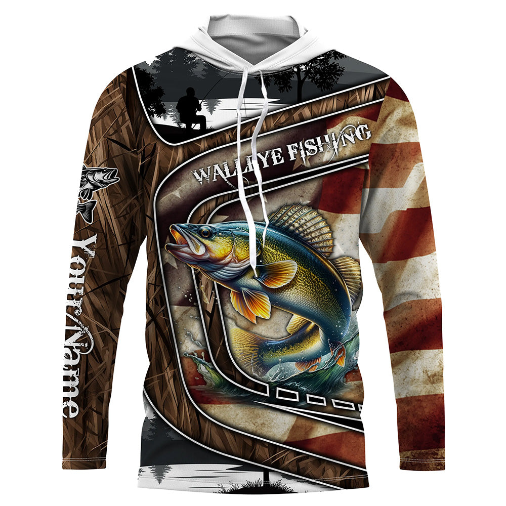 Walleye Fishing camo American flag patriotic Customize name long sleeves fishing NQS1433