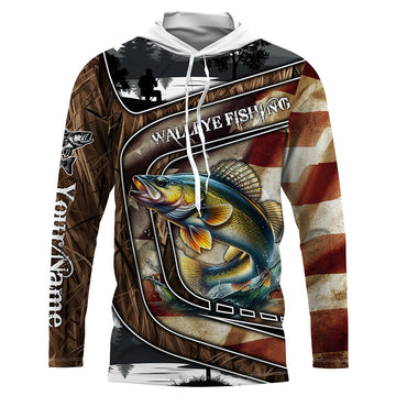 Walleye Fishing camo American flag patriotic Customize name long sleeves fishing NQS1433
