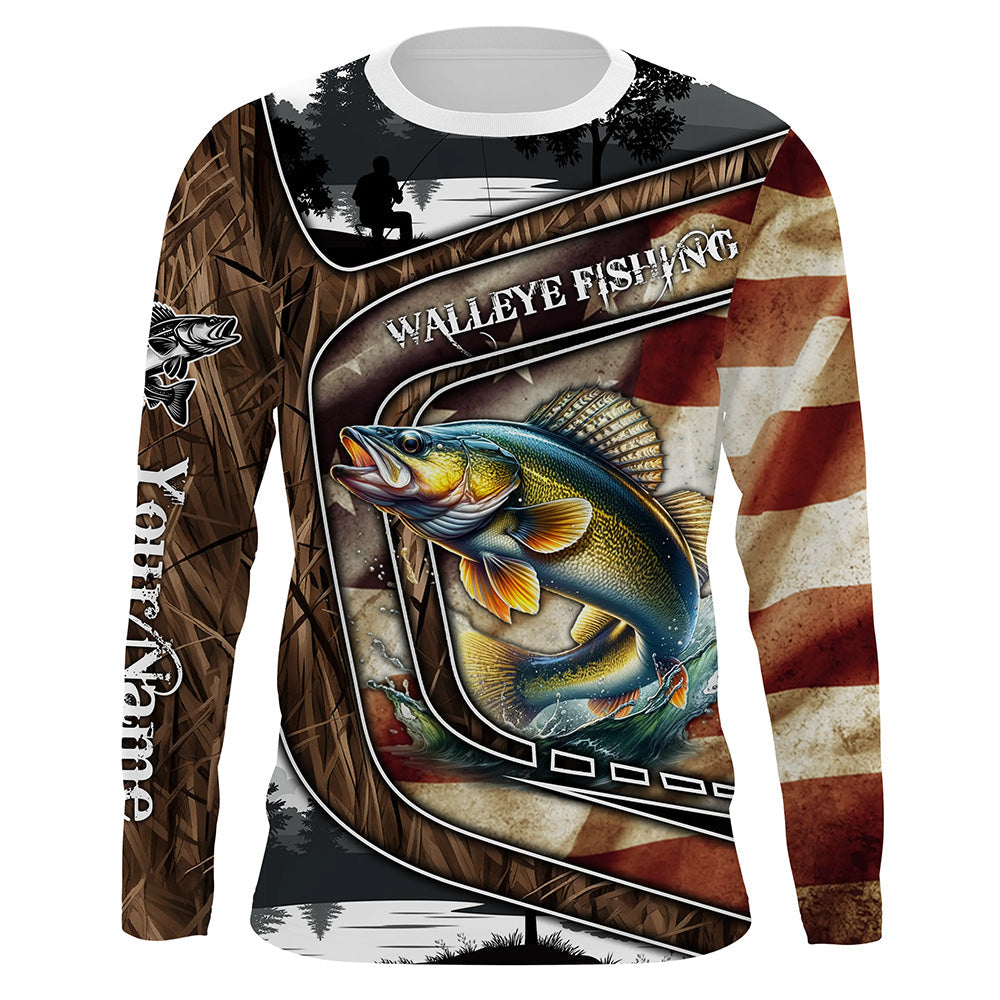 Walleye Fishing camo American flag patriotic Customize name long sleeves fishing NQS1433