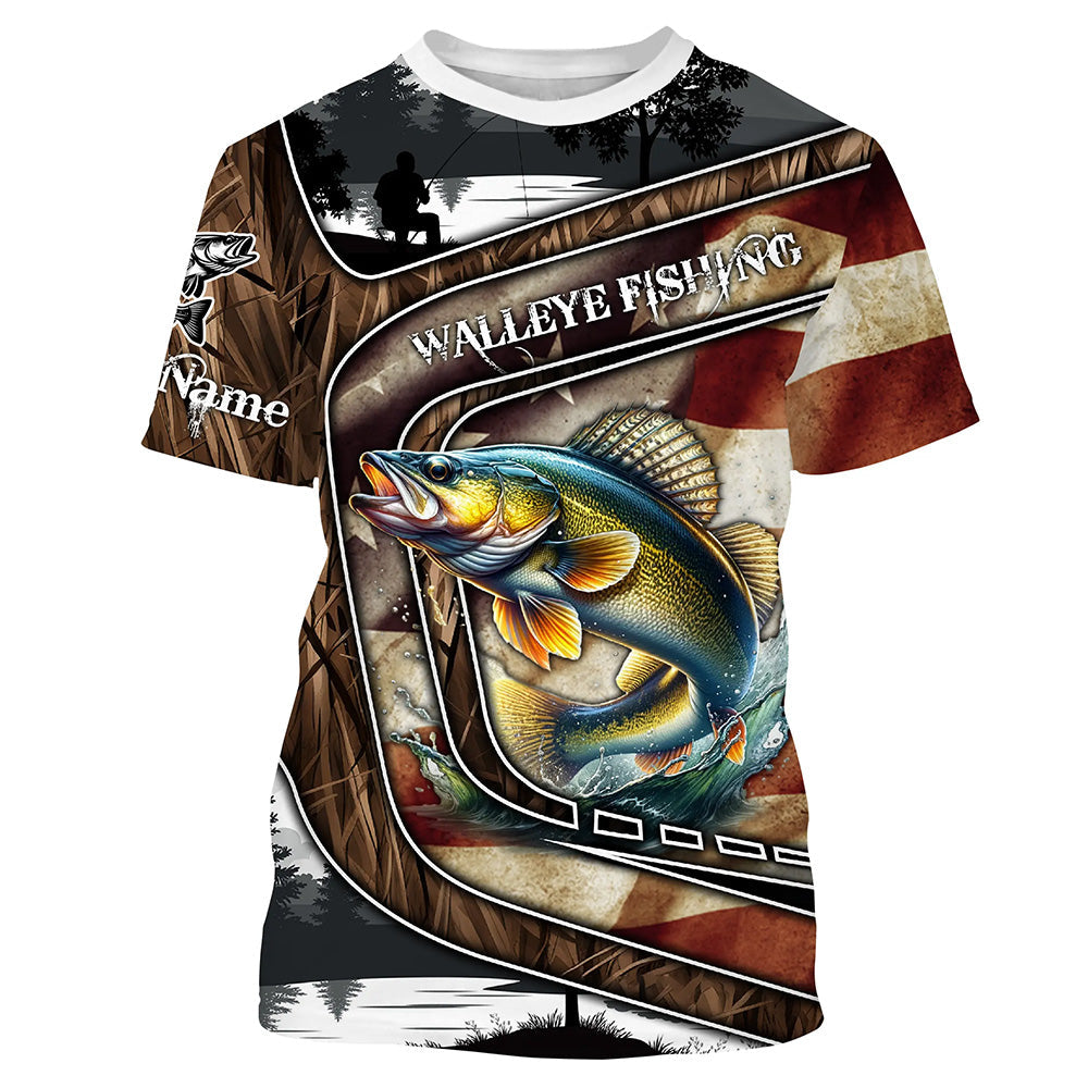 Walleye Fishing camo American flag patriotic Customize name long sleeves fishing NQS1433