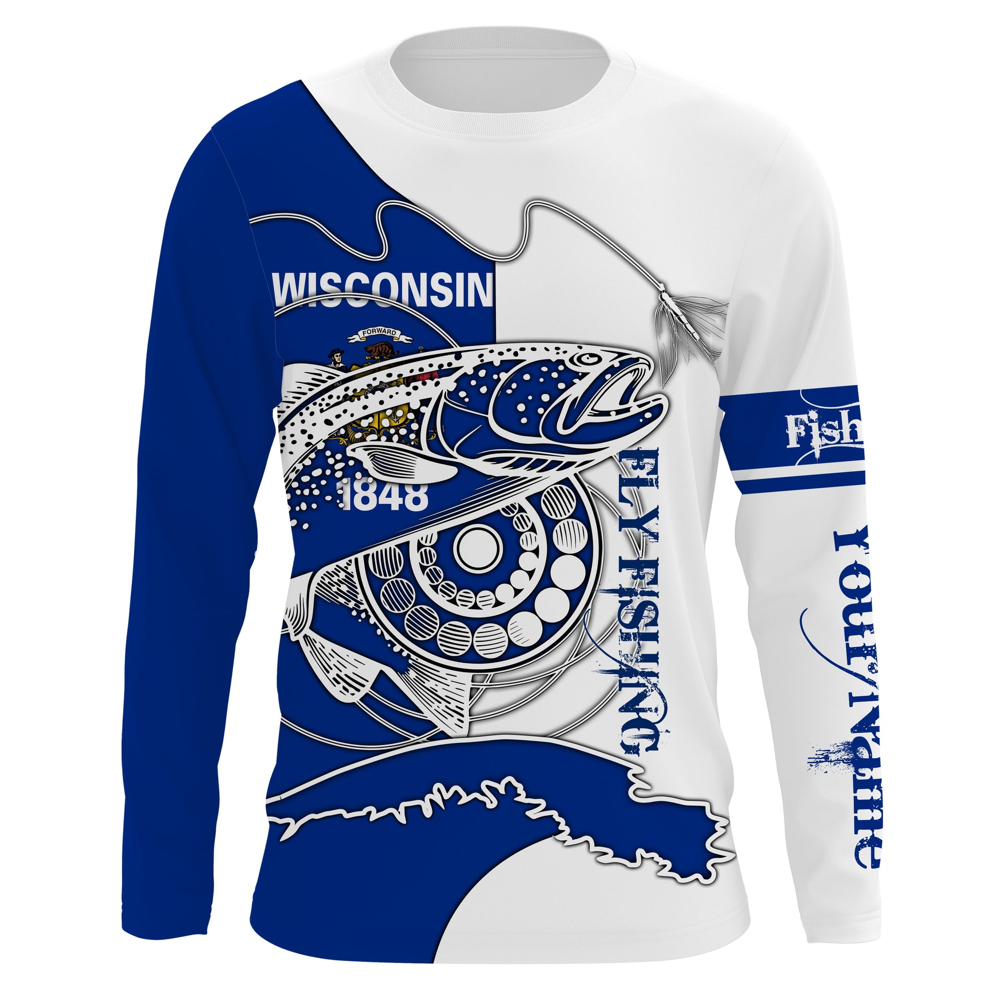 Trouts fly fishing WI Wisconsin custom name sun protection UPF 30+ performance fishing NQS3603