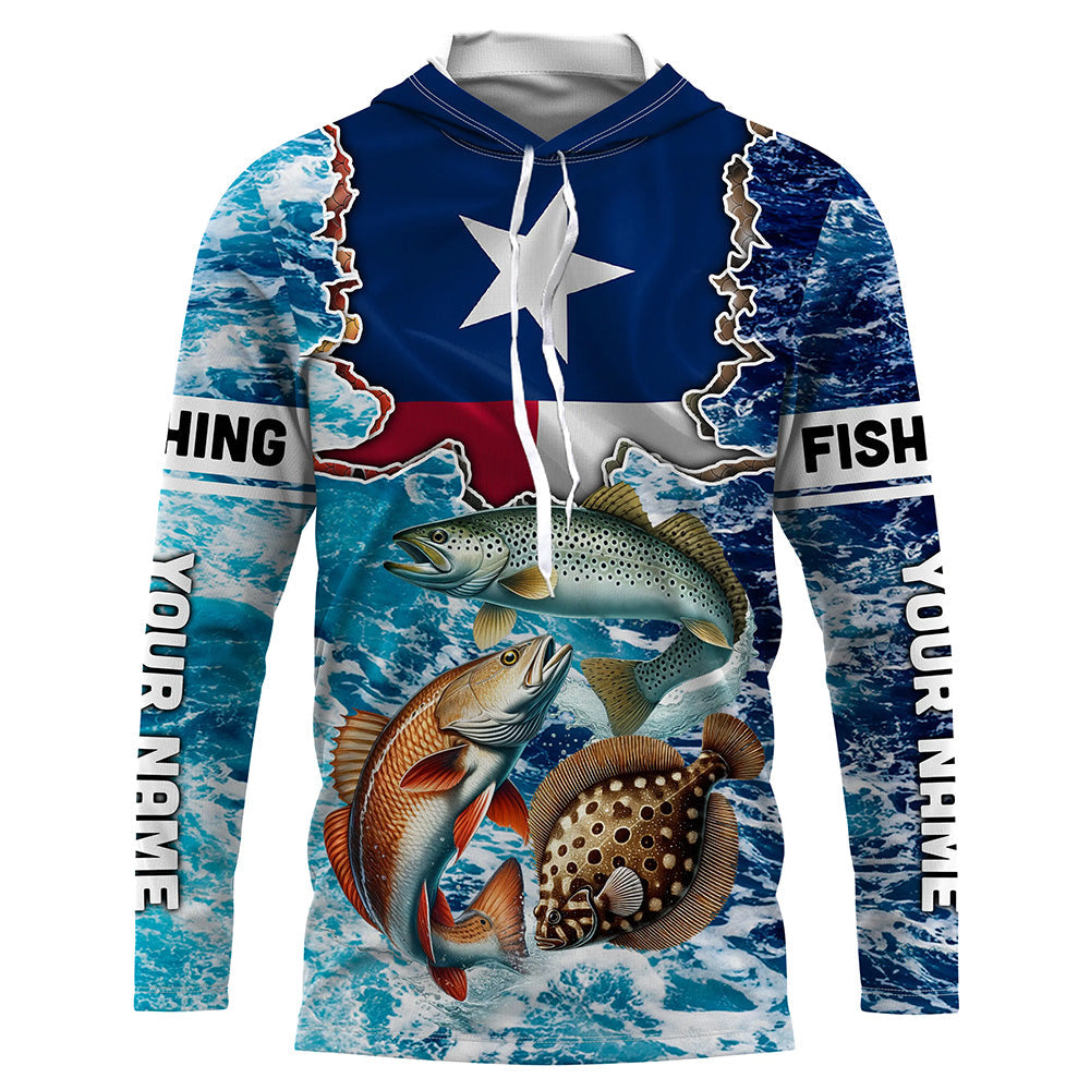 Texas Flag Redfish, trout, flounder inshore blue camo custom long sleeves performance fishing NQS5464