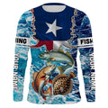 Texas Flag Redfish, trout, flounder inshore blue camo custom long sleeves performance fishing NQS5464