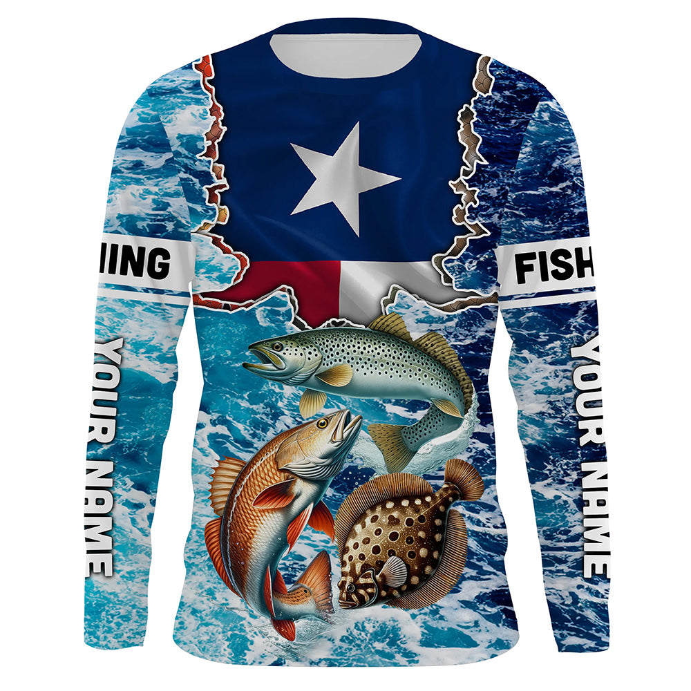 Texas Flag Redfish, trout, flounder inshore blue camo custom long sleeves performance fishing NQS5464