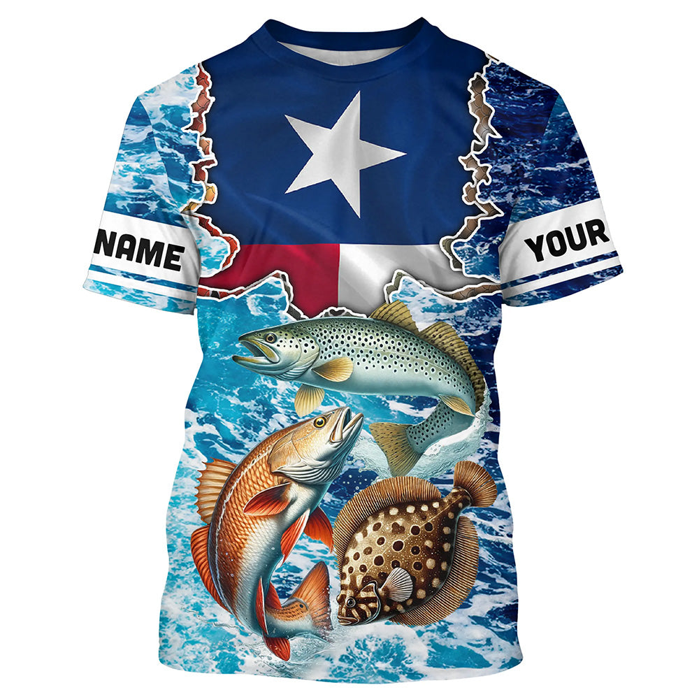 Texas Flag Redfish, trout, flounder inshore blue camo custom long sleeves performance fishing NQS5464