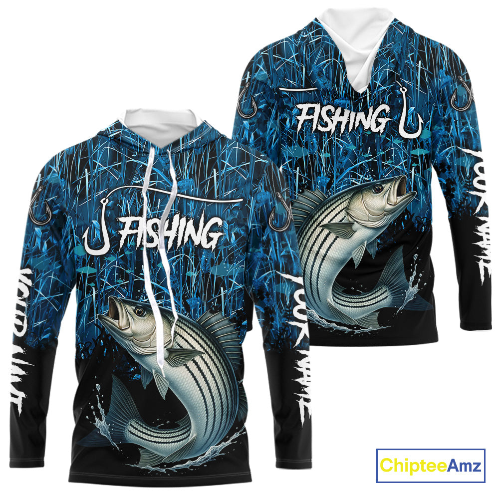 Striped Bass Fishing blue camo Custom UV protection Striper long sleeves fishing