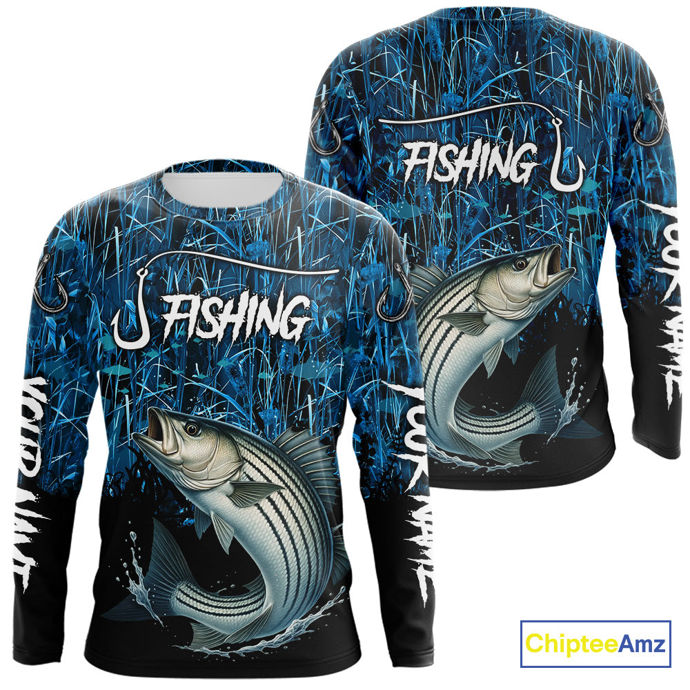 Striped Bass Fishing blue camo Custom UV protection Striper long sleeves fishing